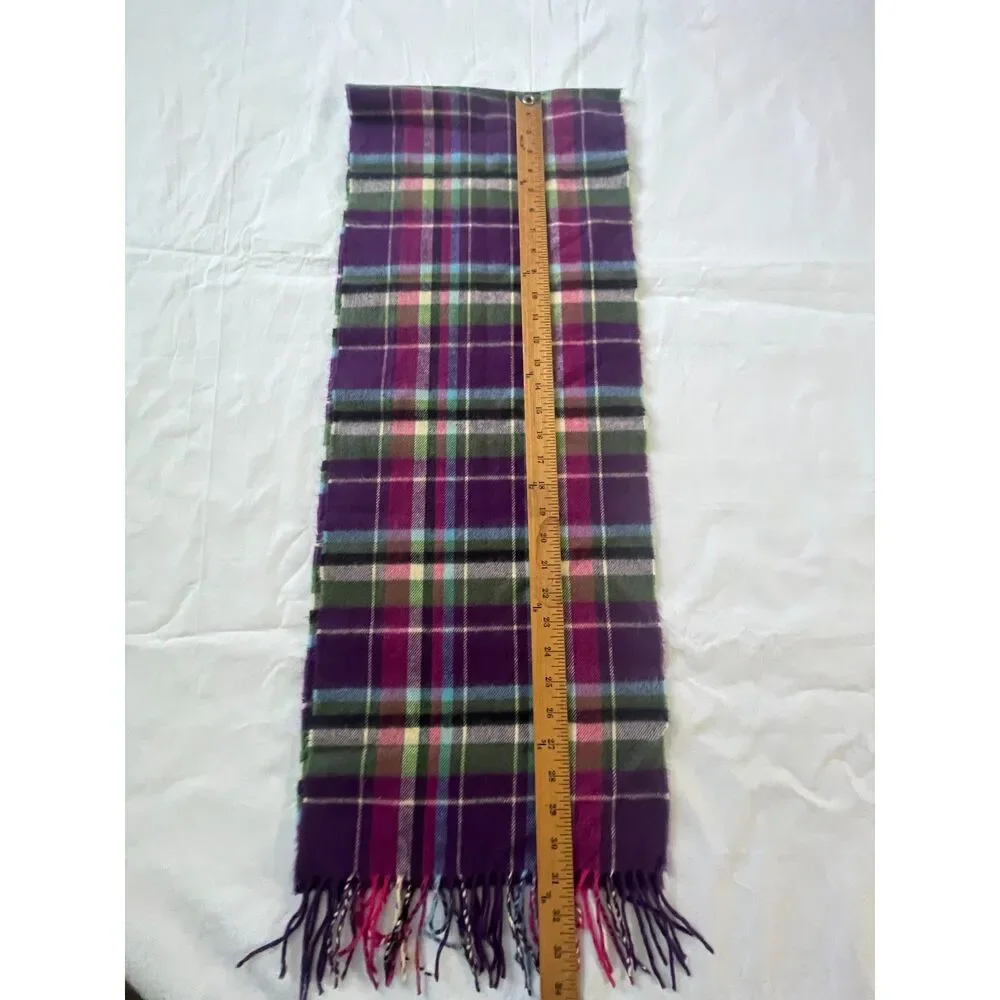 100% Cashmere Purple Plaid Scarf Made in Scotland Soft 35x12.5